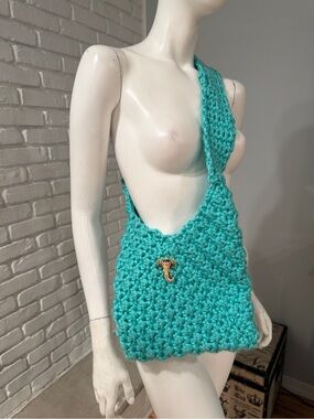 Handmade Chunky Crochet Turquoise Shoulder Tote Bag w/ Elephant Brooch Boho OOAK